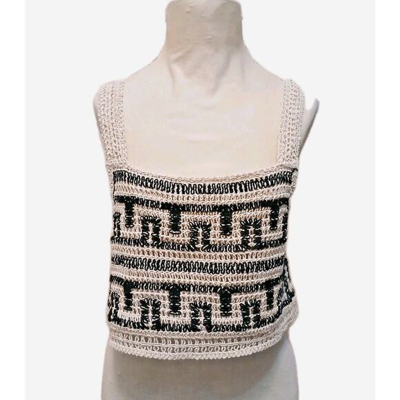 Crochet Bohemian Half Top Womens Sz L Beige Semi Sheer Cropped Festival Coquette - Picture 1 of 16